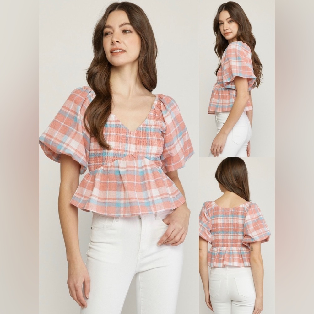 3-Pack Peach Plaid Peplum Top